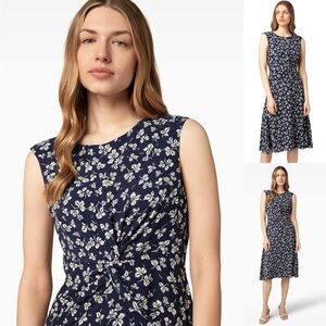RALPH LAUREN Twist Front Crepe Dress A-Line Leaf-Print Round Neck Lined Navy